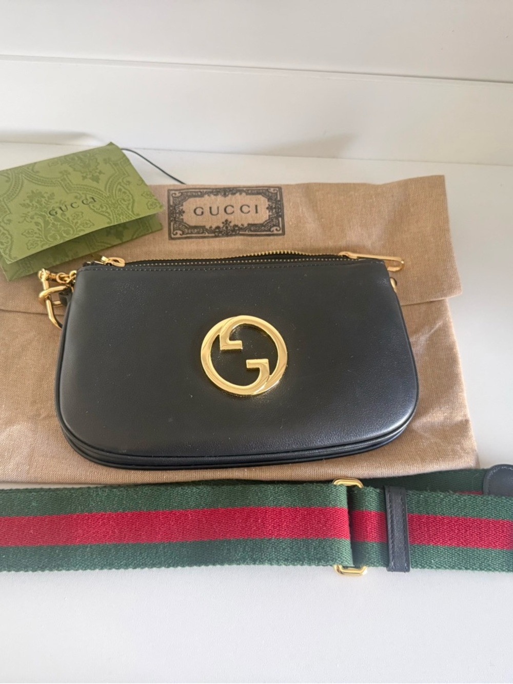 Gucci Black Leather Mini Bag with Gold Hardware and Green-Red Web Strap